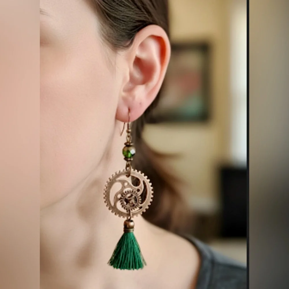 Vintage Bronzy Cooper Tone Color Steampunk Cogs Green Tassel Dangle Earrings NEW